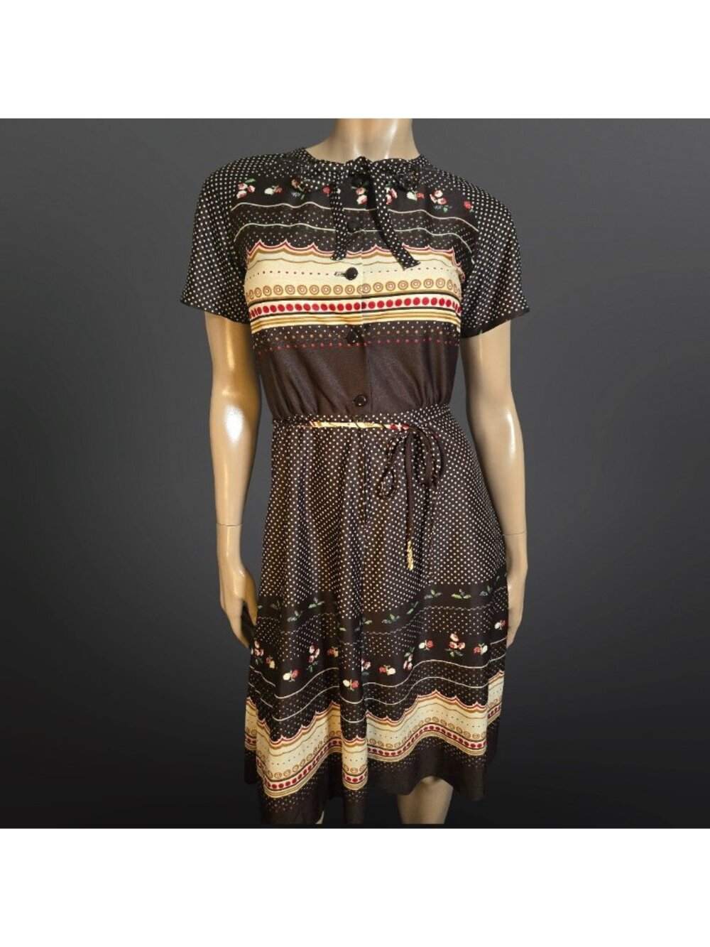Vintage 70s Cute Retro Brown Polka Dot Print Day Dress Size S Twee Cottagecore